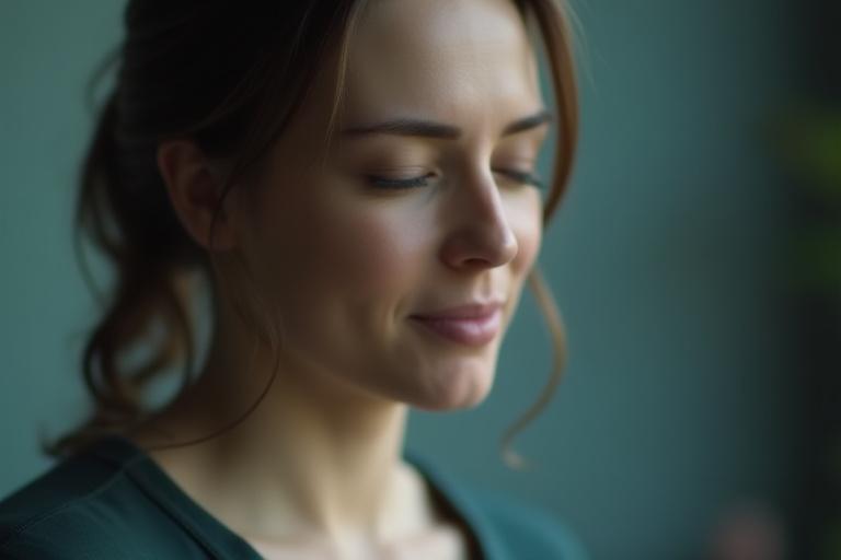 Close up of a person taking a deep, calming breath before a public speaking event.