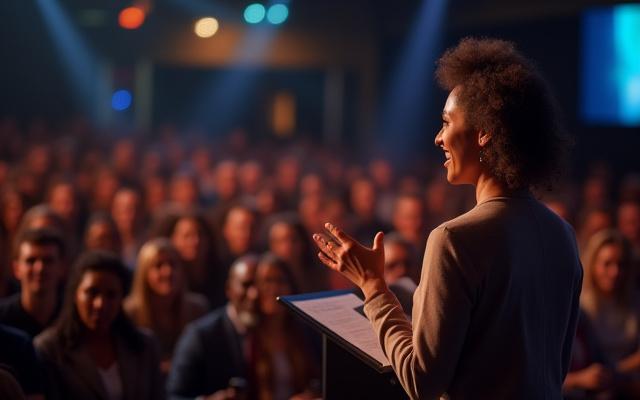 A person confidently speaking on stage to an attentive audience, illustrating how to overcome stage fright.