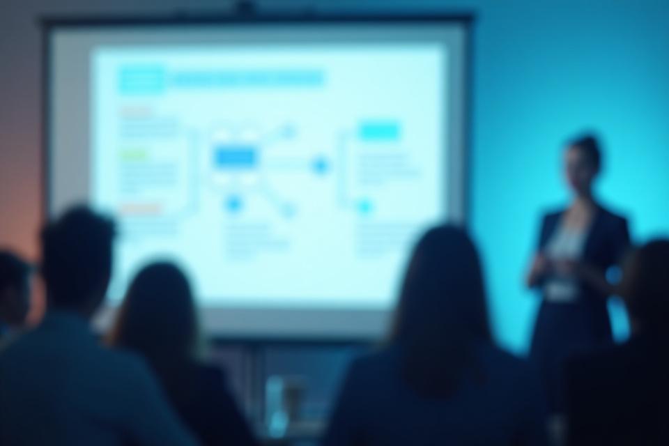 A person confidently presenting with a clear, well-organised diagram on a screen behind them, illustrating the structure of a presentation.