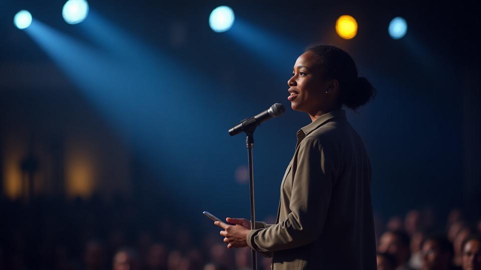 Person speaking confidently on stage while lights shine, symbolizing overcoming stage fright.