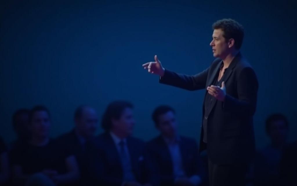 Speaker using open, expressive hand gestures to illustrate a point