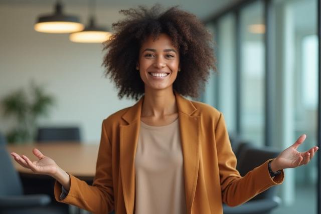 Person with open arm gestures and relaxed posture, engaging an audience